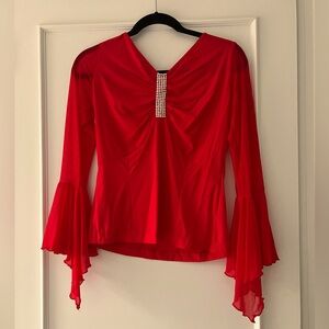 💎 ❤️Red flare sleeve rhinestone Vneck blouse sz m❤️💎